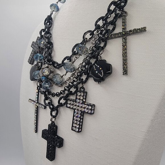 Statement Gothic Inspired Multi Rhinestone Cross Necklace - Picture 4 of 10